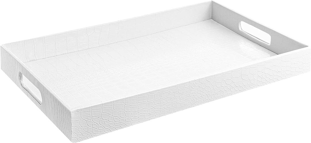 Home Redefined 17.5"x12" White Glossy Crocodile Faux Leather Serving Tray Beautiful Modern Elegant Decorative Tray with Handles Ottoman Coffee Table Perfume Display Makeup for All Occasion's