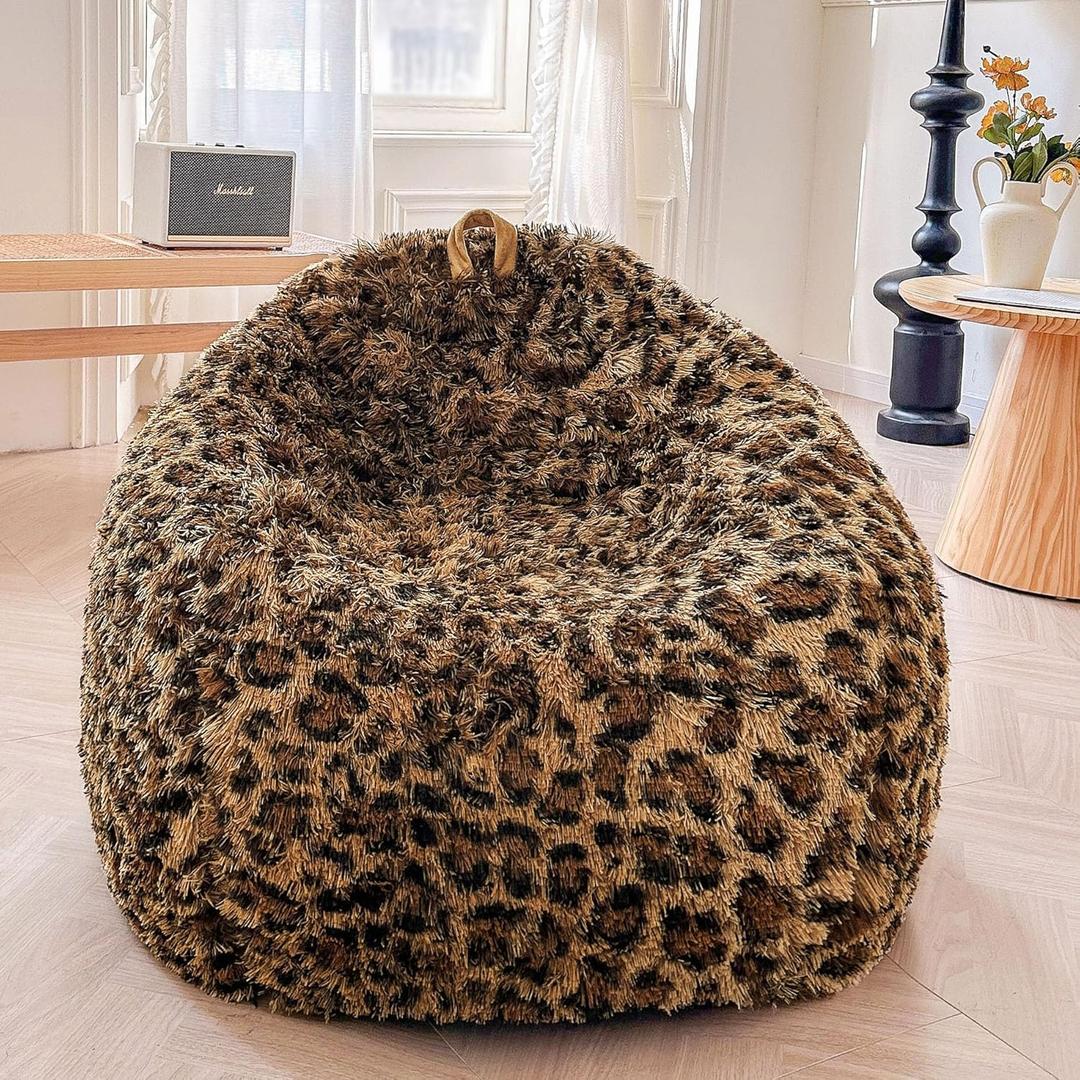 XeGe Faux Fur Leopard Print Bean Bag Chair Cover (No Filler), Fluffy Stuffed Animal Storage Cheetah Bean Bag Home Decor, Furry Fuzzy Big Beanbag Cover for Adults Teens Kids Girls, Anti-Slip, Brown (Large(38"x38"x40"))