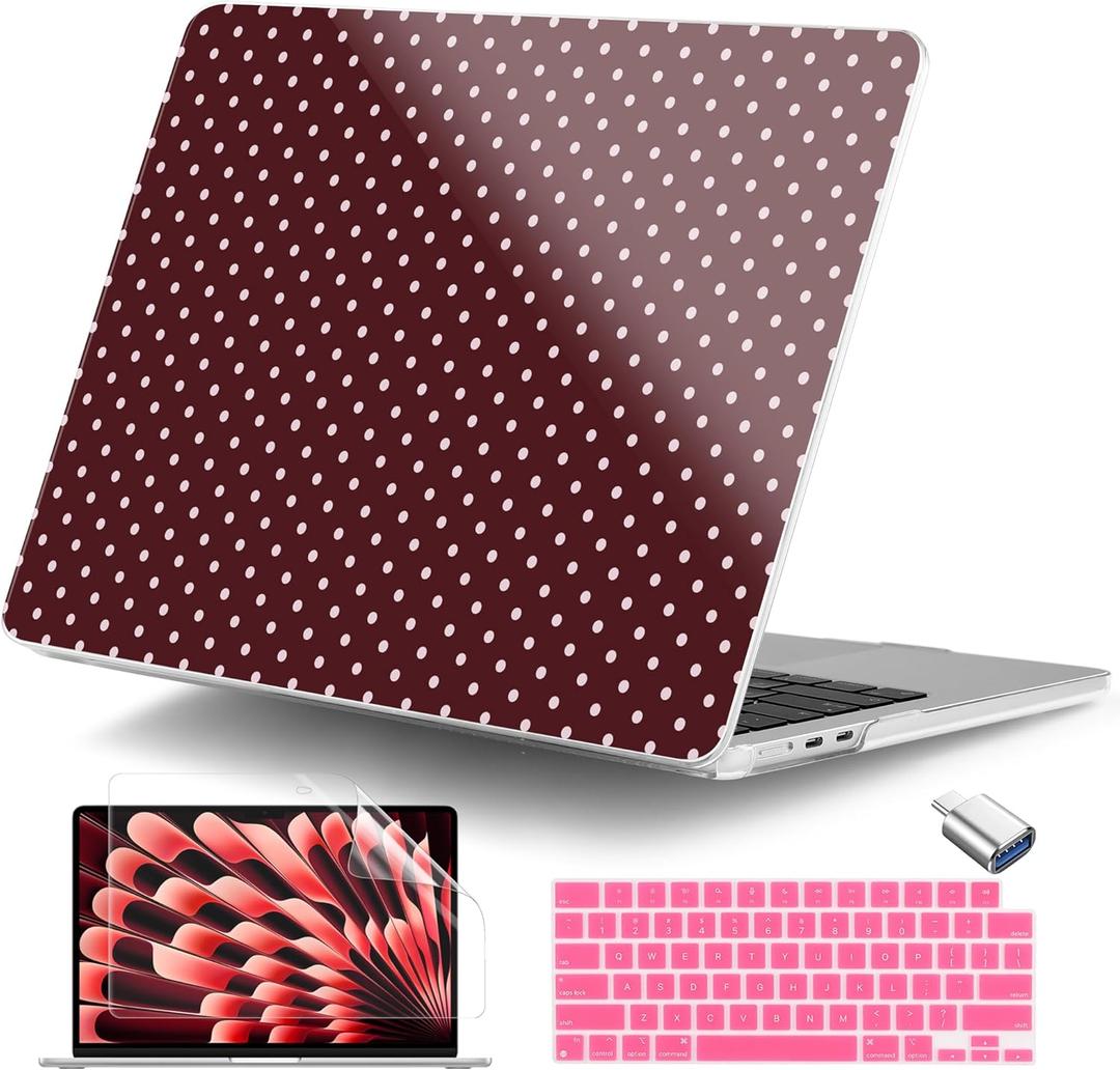 DONGKE for MacBook Air 15 inch Case M5 M4 M3 M2 Chip 2026 2025 2024 2023 Release (Model A3448 A3241 A3114 A2941), Hard Shell Case with Keyboard Cover & Type C Adapter, Burgundy Polka Dots