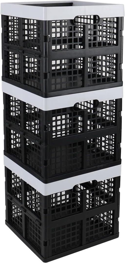 18 L Collapsible Storage Crate, 3 Pack Plastic Stackable Storage Milk Crates, Black, F