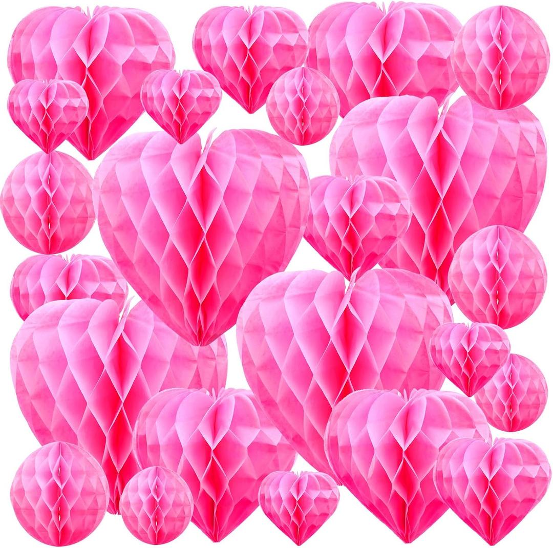 Yexiya 36 Pcs Valentine Heart Honeycomb Decorations Pom Poms Honeycomb Ball Paper Decorations Heart Tissue Paper for Valentine's Day Engagement Wedding Birthday(Pink)