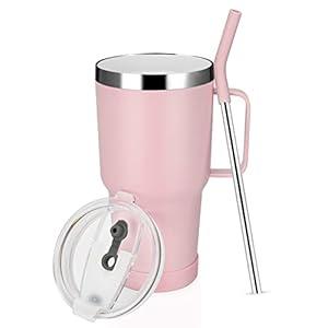 Sursip 30 oz Stainless Steel Tumbler/ Mug/ Cups, Double Wall Vacuum Insulated Inner Spray Ceramics Water Mug with Handle/ Lid/ straw, Cold&Hot Drinks, Travel Cup/ Car Using/ Office Cups/ Gift Choice（Pink）