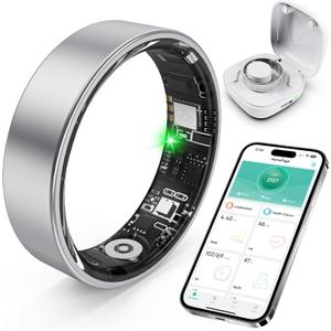 Smart Ring with Sleep Monitoring, Step Counting, Heart Rate, Blood Oxygen for iPhone and Android, No Subscription Fee, IP68 Waterproof Health Tracker (Silver, 10)