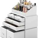 READAEER Makeup Organizer 3 Pieces Cosmetic Storage Case with 6 Drawers (White)