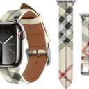 REYUIK Leather Band Compatible with Apple Watch iWatch 49mm 45mm 44mm 42mm Women Men, Luxury Plaid Designer Leather Wristband for iWatch Ultra/Ultra 2 Series 9 8 7 6 5 4 3 2 1 SE SE2 (White)