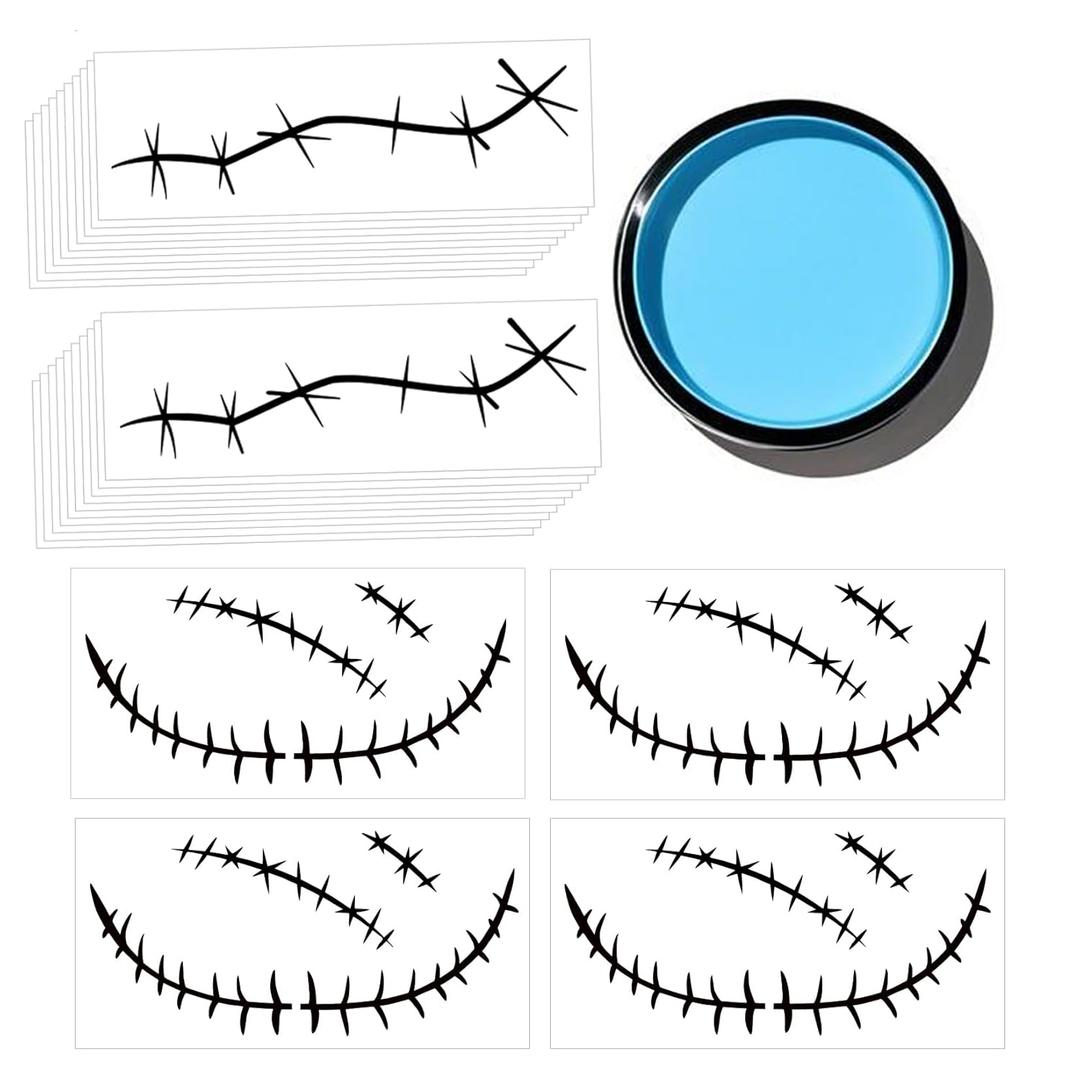 Halloween Scars Tattoo for Face Makeup Costume Black Fake Scar Horror Stitch Tattoos Temporary Accessories Blue Face Paint for Halloween Party Decor Body Cosplay Accessories (fake25)