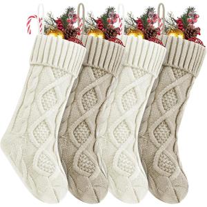 Fesciory 4 Pack Christmas Stockings 18 Inches Large Size Cable Knitted Stocking Gifts & Decorations for Family Holiday Xmas Party, Khaki White 18in