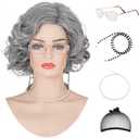 Short Old Lady Granny Curly Wig for Women Grandma 100th Day of School Cosplay, Costume, Halloween Party (Gray)