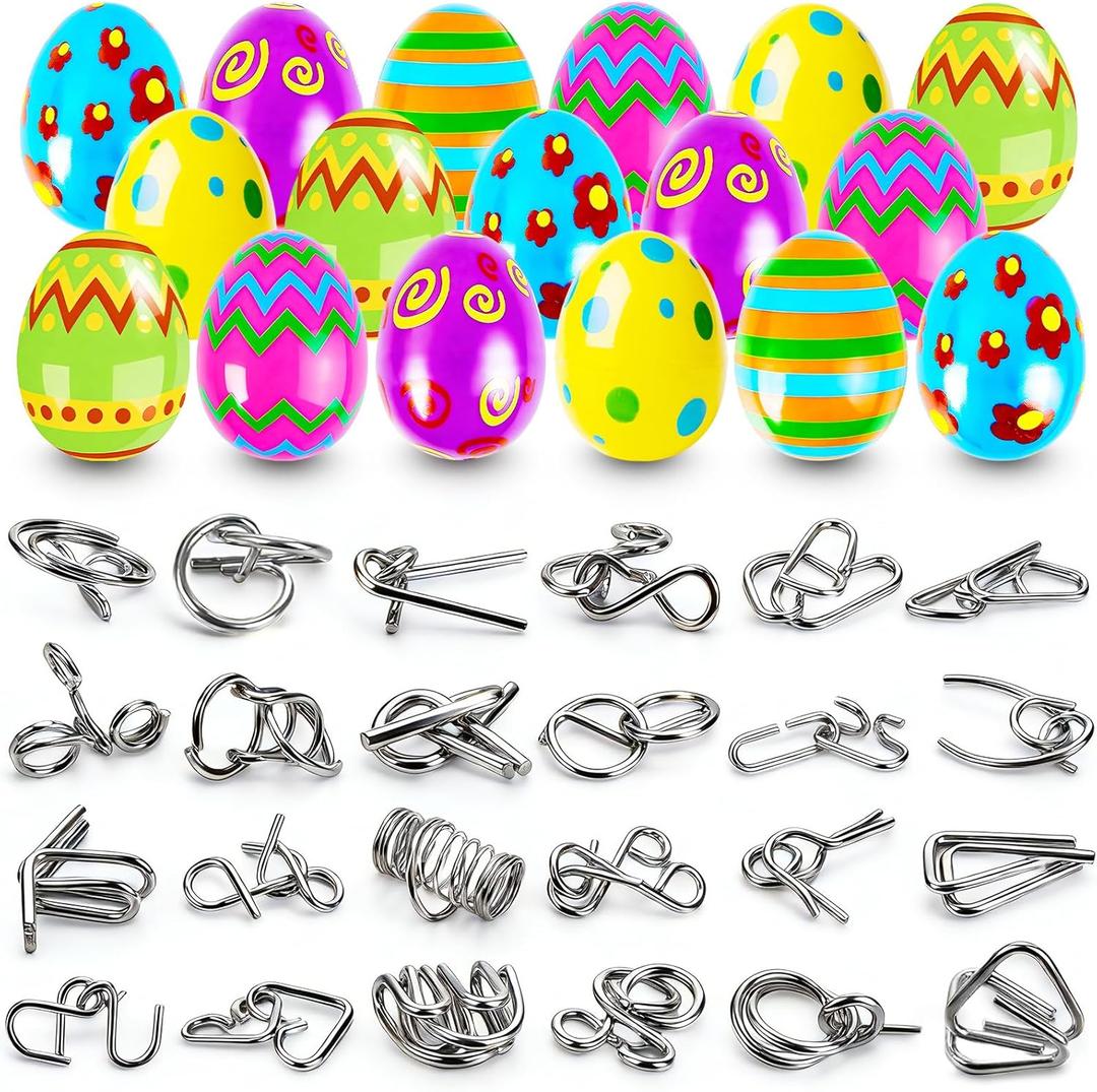 24 Pcs Prefilled Easter Eggs with Brain Teaser Puzzles Toys for Kids,Easter Basket Stuffers Filled with Metal Montessori Solving Bulk 3D Unlock Logic Gifts for Boys Girls,Party Favors