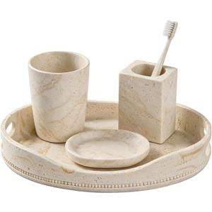 Natural Travertine Textures Serving Tray with Handles - 14x10 inches, Beaded Oval Decorative Tray, Countertop Ottoman Tray for Vanity, Living Room Entryway Table, Perfume Candle Display