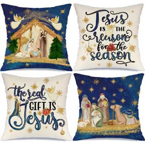 Christmas O Holy Night Jesus Throw Pillow Covers Christmas Saying Pillow Covers 18x18 Set of 4 Winter Holiday Cushion Case Decorations for Sofa Couch