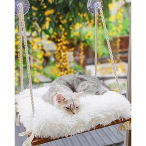 Cat Hammock with Industrial-Grade Suction Cups - Solid Pine Wood Seat, Soft Cushion - 42 lb Capacity (Medium, Brown/White)