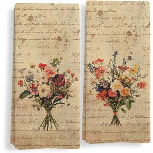 Vintage Floral Kitchen Towels Set of 2, Floral Hand Towels for Bathroom, Retro Rustic Cottagecore Flower Bouquet Decorative Dish Tea Towels for Kitchen Decor, 16X24In