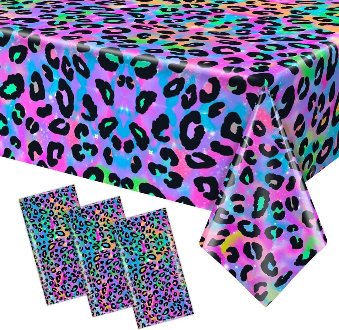 3 Pcs Neon Rainbow Leopard Birthday Tablecloth Disposable Plastic Girl's Sparkly Paint Splatter Cheetah Party Table Cover for Rainbow Leopard Print Pattern Birthday Party Supplies