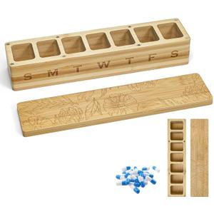 Wood Weekly Pill Organizer, 7 Day Bamboo Tablet Box Vitamin Dispenser, Portable Aesthetic Magnetic Pill Case Container Box for Vitamins Fish Oil Pills or Supplements​ Daily Travel