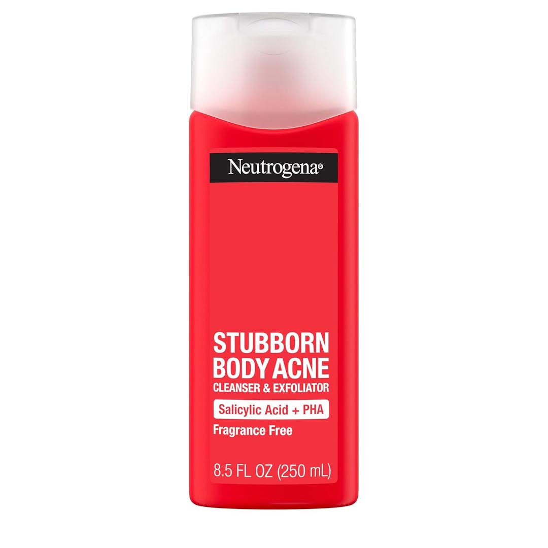 Neutrogena Salicylic Acid & PHA Stubborn Acne Body Wash, Exfoliating Cleanser Acne Treatment for Chest & Shoulder, Gently Clears, Exfoliates & Helps Prevent Breakouts, Fragrance Free, 8.5 Fl Oz