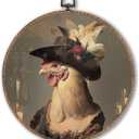 Whimsical Chicken Round Wall Art Framed, Dark Moody Rooster Round Wall Decor, Rustic Farm Animal Chicken Hanging Canvas Prints Wall Sculptures for Kitchen Bedroom Living Room Decor, 10x10 Inch