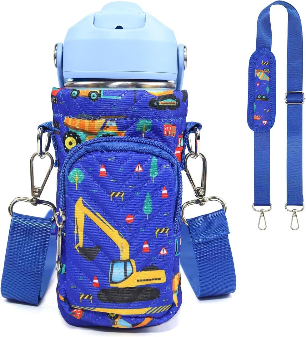Water Bottle Carrier Bag for Kids, Insulated Holder With Adjustable Strap for 10/12/14/16/18oz Bottles, Sleeve for Boys Girls School Travel Sports (Blue Motorcycle)