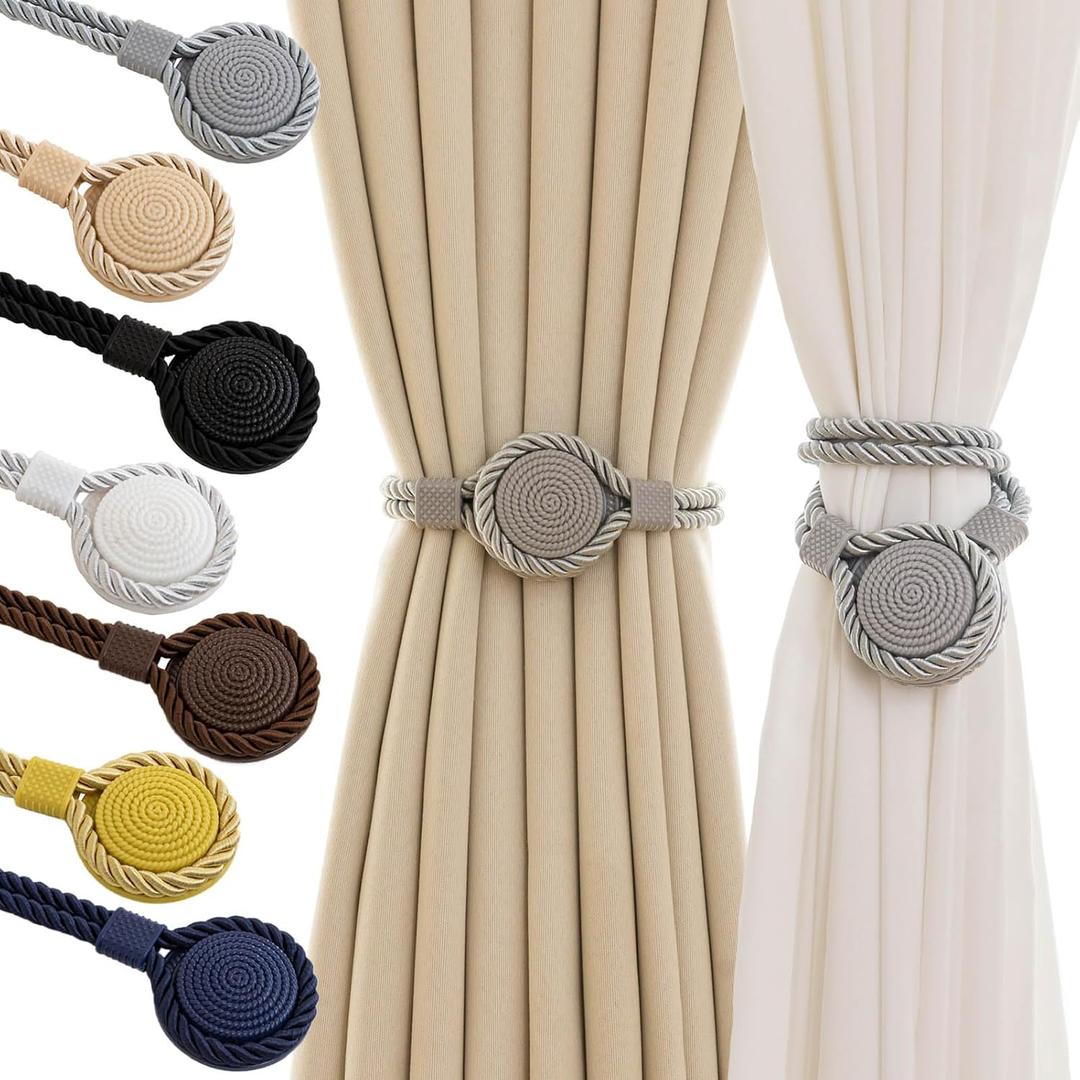 Curtain Tiebacks Magnetic Rope Curtain Tie Backs for Curtains 4 Pack Handmade Outdoor Window Curtain Holdbacks for Drapes, Grey