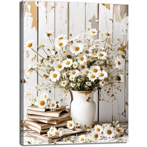 DEMCEAR Farmhouse Vintage Daisy Wall Art for Living Room, Rustic Retro Floral with Grey Brown Framed Canvas Wall Art for Bedroom Bathroom Office Home Decor, 16L x 12W Inches