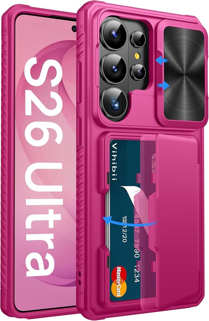 Vihibii for Samsung Galaxy S26 Ultra Wallet Case with Card Holder (4 Cards) [RFID Blocking] & Slide Camera Cover, Rugged Hard Back & Silicone Edge Wallet Case for Samsung Galaxy S26 Ultra, Hot Pink