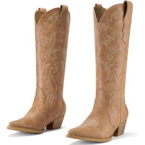 Rollda Cowboy Boots for Women Cowgirl Boots Embroidered Knee-High Western Boots Pointy Toe with Chunky Heel, Size US 7