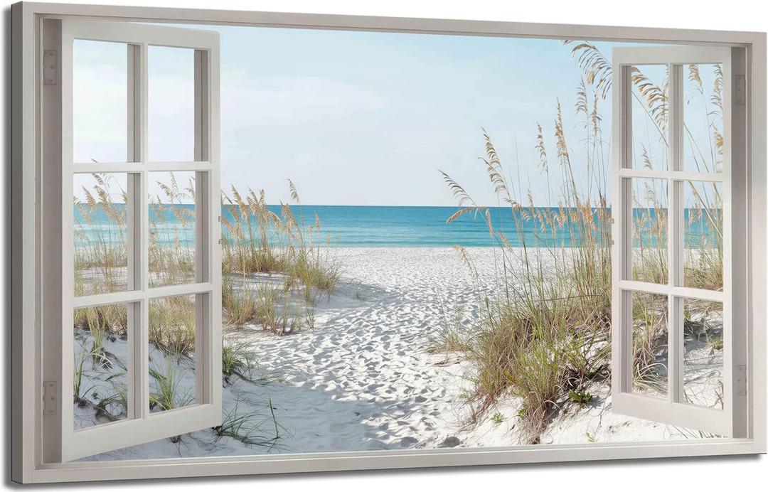 Large Window Beach Canvas Wall Art Coastal Ocean Painting Decor Pictures Modern Summer Seascape Coastal granddaughter Posters Prints for Bedroom Living Room Corridor Office Home Decoration, 48"L x 24"W