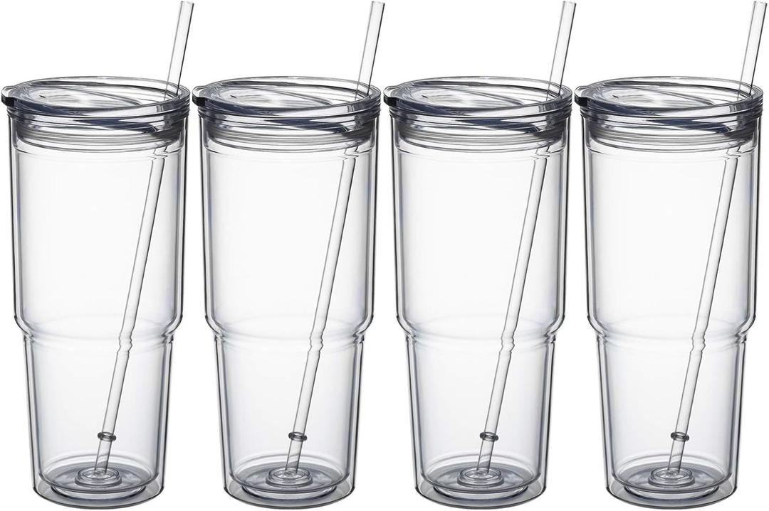 MEWAY 30oz, Classic Insulated Tumblers,Double Wall Acrylic Tumbler with Lid，Reusable Plastic Insulated Tumblers with Straw，For Cold Drinks, Sand Ice, Transparent,4 Pack