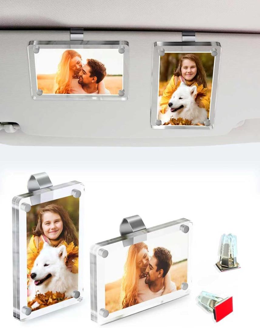 2Pcs Car Picture Holder for Sun Visor & Air Vent  Magnetic Acrylic Car Photo Frame with Extra Vent Clips, 2.36"x3.5" Clear Car Picture Display for Polaroid, Instax Mini & Wallet-Size Photos