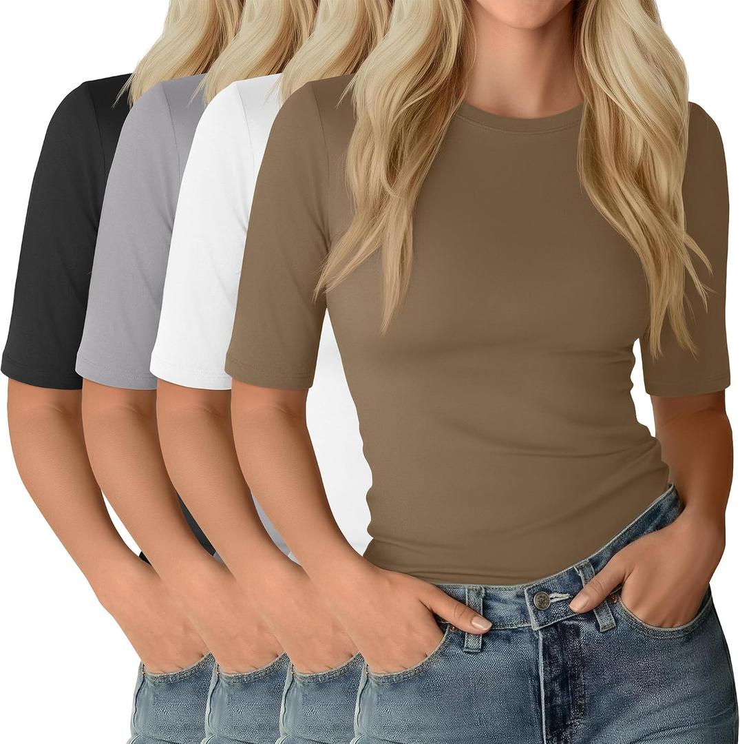 Neer 4 Pack Women's Half Sleeve Tops Elbow Length Slim Fit Crewneck T-Shirts 1/2 Sleeve Casual Summer Basic Tees (Khaki, White, Light Gray, Black, Large)