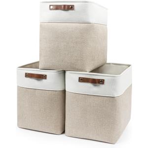Bagnizer Large Fabric Storage Baskets | 50L Storage Bins, Decorative Linen Closet Baskets with Handles for Organizing, Shelf, Toys, Clothes, Home, Office, Nursery, 17x12x15Inches (Beige&White)