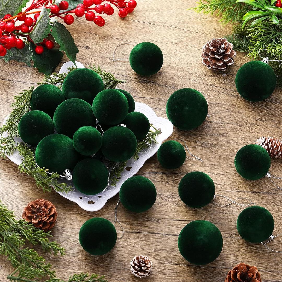 40 Pcs Dark Green Velvet Christmas Balls Flocked Christmas Tree Hanging Ornaments Neutral Shatterproof Plastic Velvet Ball for Xmas Tree Decor