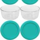 Pyrex 7202 1-Cup Glass Bowls & 7202-PC Turquoise Lids (4-Pack) - Made in USA