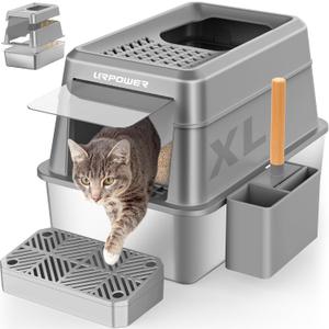 URPOWER Stainless Steel Cat Litter Box with Lid Extra Large Enclosed Litter Box for Cats Non-Sticky Metal Pan with High Sided Enclosure & Scoop, Front & Top Entry, Anti-Leakage, Easy Cleaning (Gray)