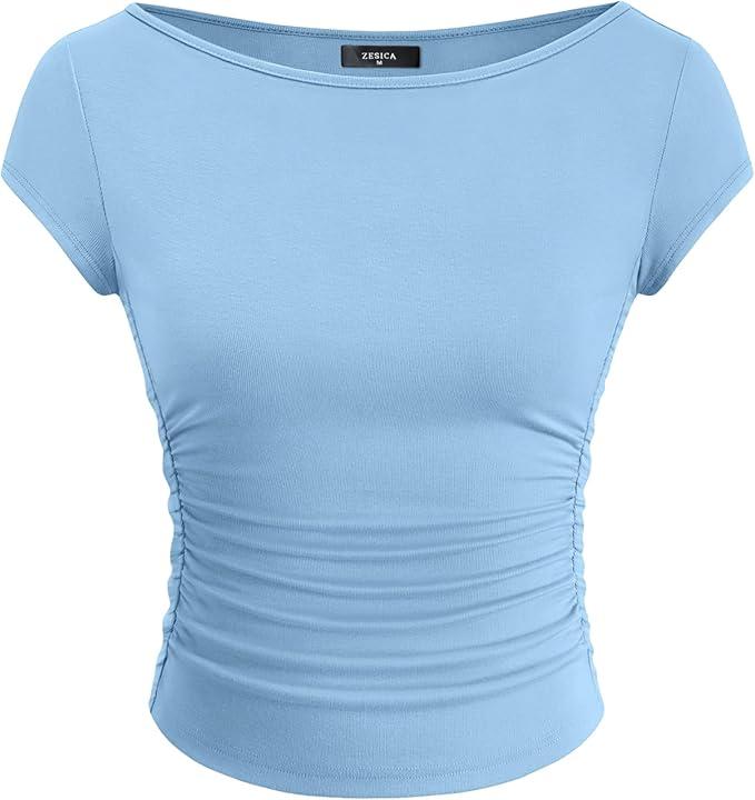 ZESICA Women's Summer Boat Neck Short Sleeve T Shirts 2026 Spring Slim Fit Y2k Going Out Crop Tops Basic Trendy Outfits
 (M)