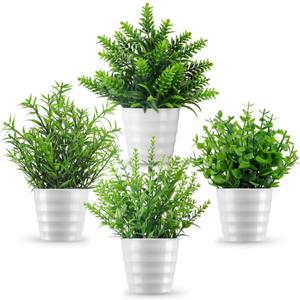 4 Pack Fake Plants Greenery Small Faux Plastic potted Plant Artificial Plants Indoor for Living Room Home Decor Modern Bathroom Kitchen Counter Office Desk Farmhouse Classroom Decor Camper Dcor