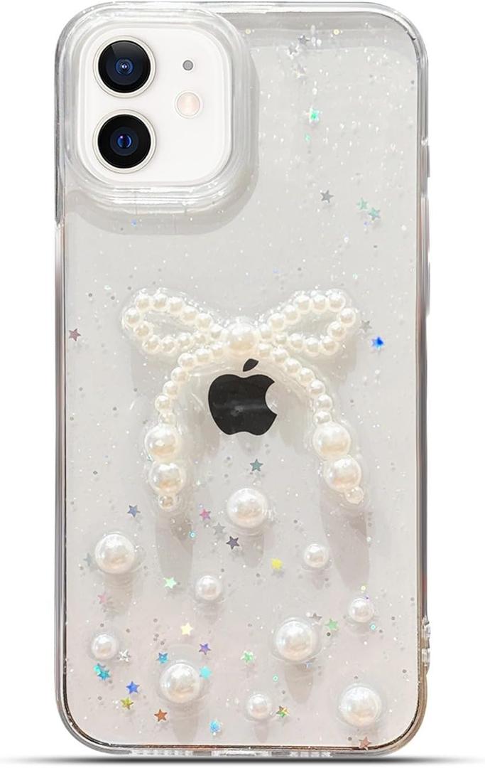 Tuokiou for iPhone 11 Clear Case Cute 3D Pearl Bowknots with Design Aesthetic Women Phone Case, Transparent Bling Glitter Sparkle Star Shiny Case Shockproof Soft TPU Bumper Cover (Big Bow, iPhone 11)