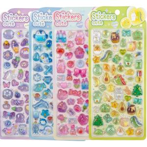 4 Sheet Bloom 3D Cute Puffy Stickers - Kawaii Resin Decorative Sticker Set for Kids, Girls, Adults, Japanese Cartoon Reusable Stickers for DIY Scrapbooks Planner Phone Case (Heart-Melting)