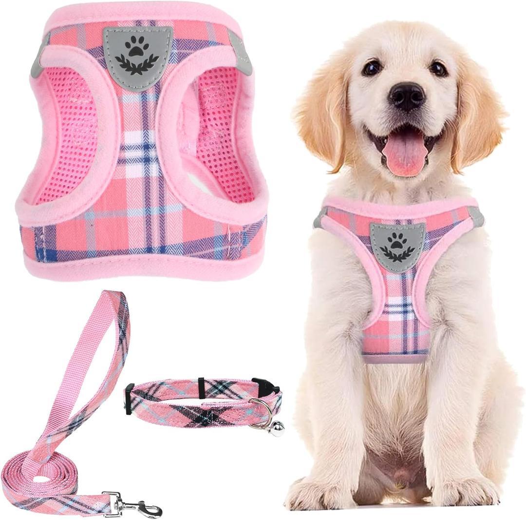 PUPTECK Adjustable Dog Harness Collar and Leash Set Step in No Pull Pet Harness for Small Medium Dogs Puppy and Cats Outdoor Walking Running, Soft Mesh Padded Reflective Vest Harnesses, Pink M (M (CHEST 16"-18"))