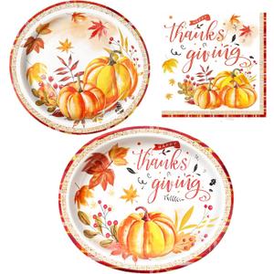 Dereinwo 100 PCS Thanksgiving Paper Plates and Napkins | Bundle Includes Paper Oval Dinner Dessert Plates and Napkins for Thanksgiving Party Supplies