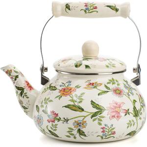 Jucoan 2.6 Quart Vintage Enamel Tea Kettle, Green Floral Enamel on Steel Teapot with Cool Touch Porcelain Handle for Stovetop Home Kitchen Decor, Gift for Housewarming Christmas New Year, 2.7 Quarts