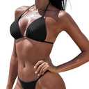 TASHEHE Women Rhinestone Bikini Set Triangle Halter Two Piece Swimsuit String Thong Bathing Suit (Black, S)