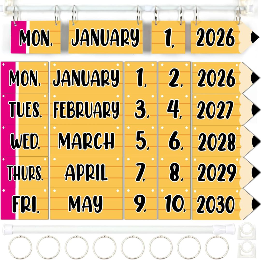 Pencil Calendar Bulletin Board Set Colorful Pencils Shape Flip Calendar with Holder 54 Date Cards Adjustable Calendar Holder for Home Back to School Classroom Decoration Supplies