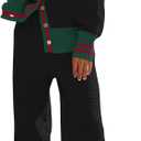 Women's 2 Piece Outfit Lounge Set Trendy Cardigan Sweater Pants Sets V Neck Button Pocket Knit Matching Loungewear (Large)