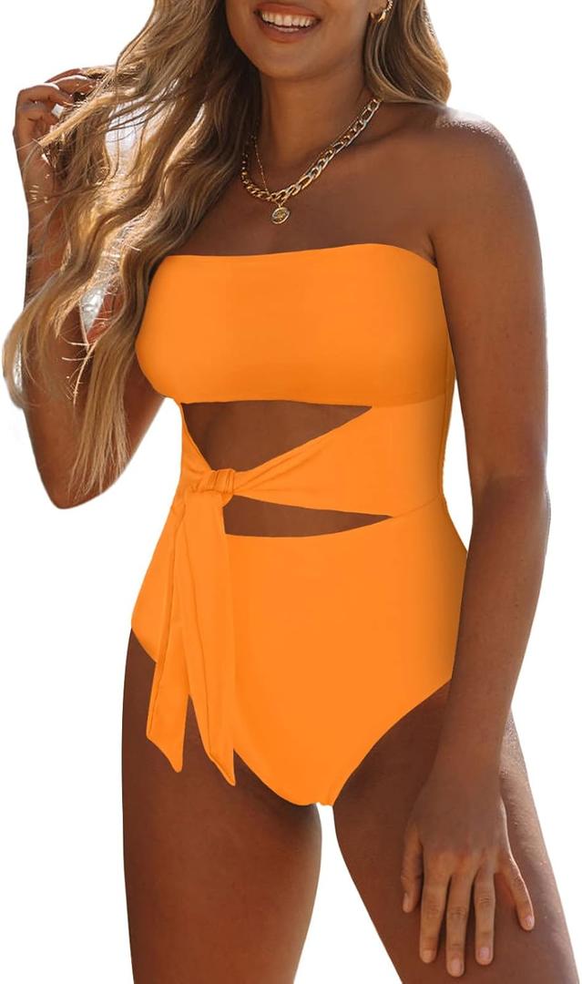 Viottiset Women's Bandeau One Piece Swimsuit Strapless Tie High Cut Out Bathing Suit (Large, Light Orange)