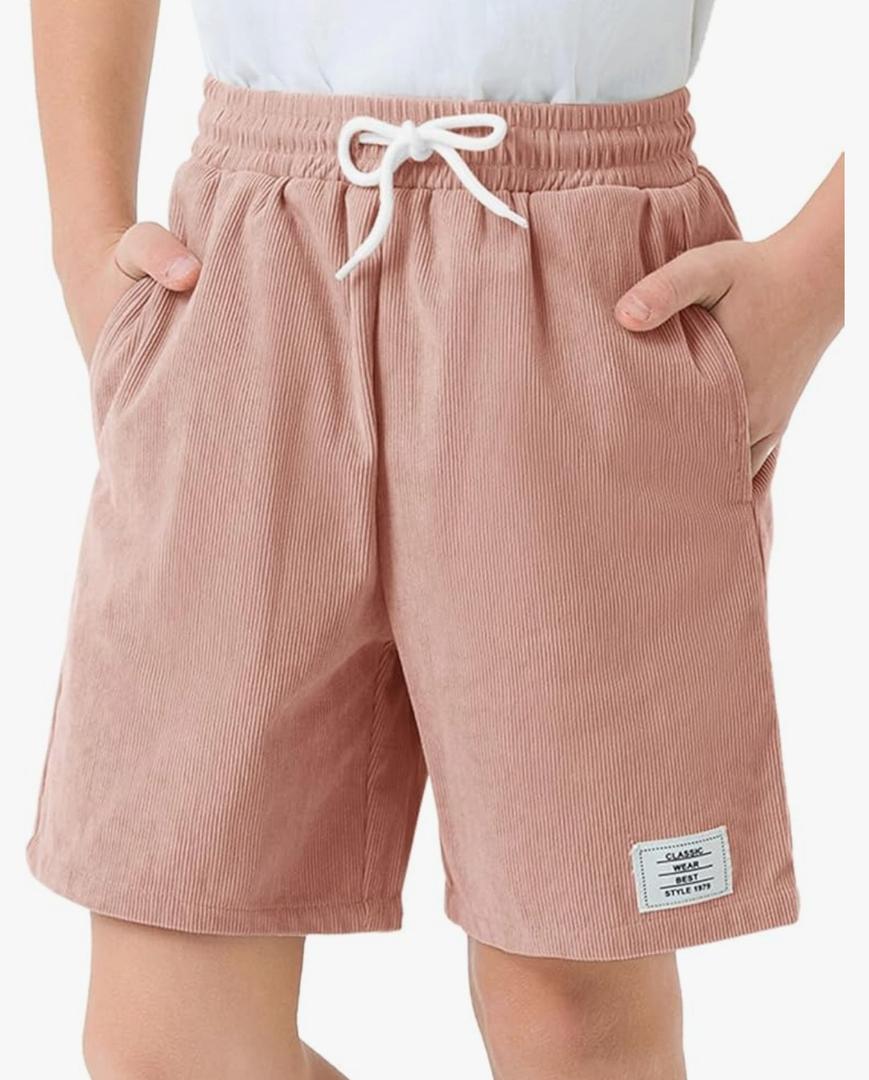Haloumoning Boys Corduroy Shorts Kids Casual Elastic Waist Drawstring Summer Shorts with Pockets 5-14 Years Pin