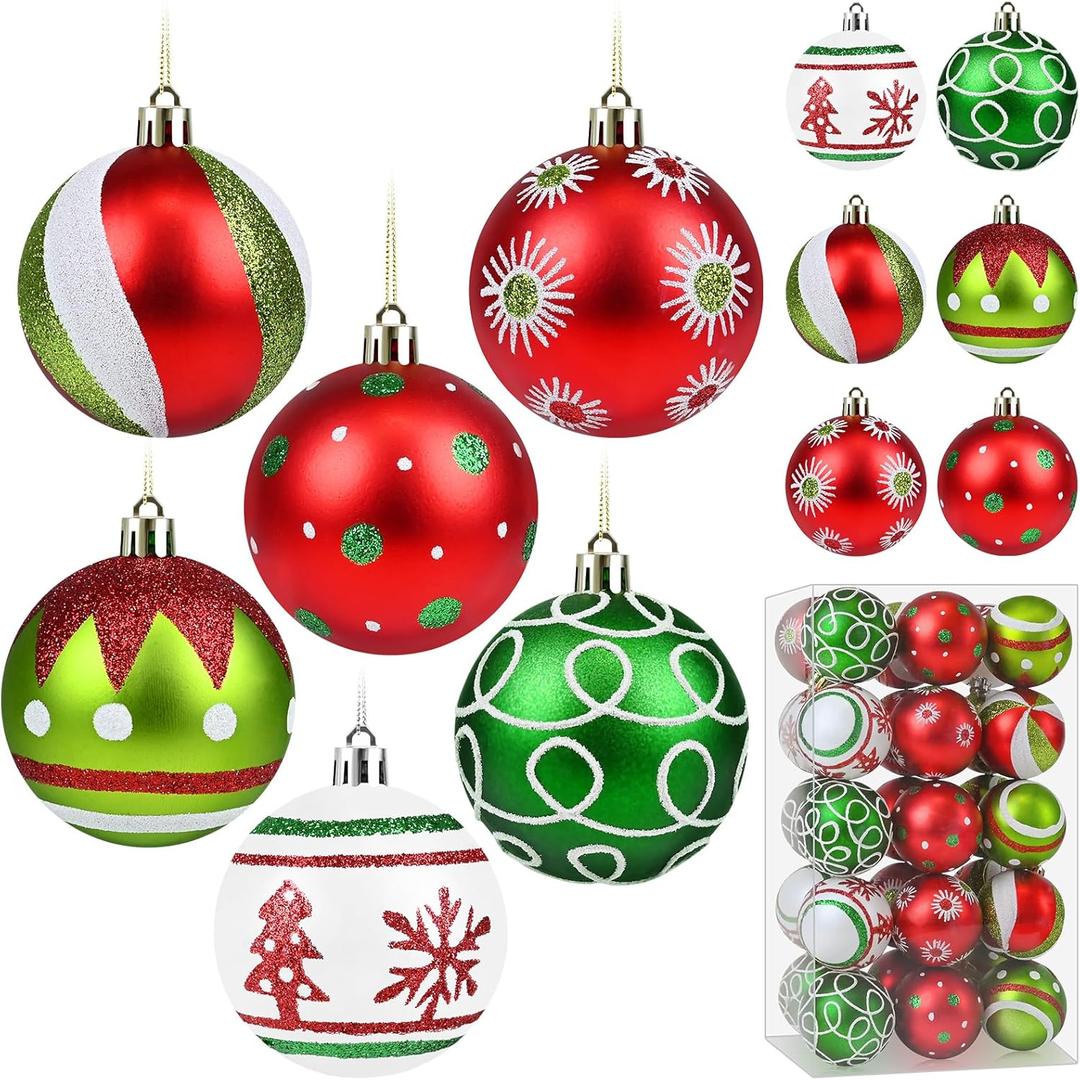 30PCS Christmas Ball Ornaments, 2.36 Inch Glittering Red Green Christmas Tree Ornaments Set, Elf Balls Swirl Candy Cane and Peppermint Hanging Ornament for Home Holiday Decor