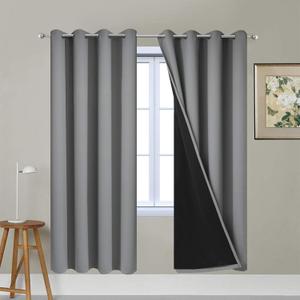 Yakamok Gray Full Shading Curtain Panels for Windows, 2 Thick Layers Thermal Insulated Drapes with Black Liner for Living Room(52Wx72L, Grey, 2 Panels)