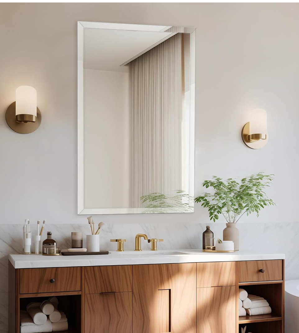 CLBA 22x30 inch Beveled Bathroom Mirror, Rectangle Frameless Mirror, 1" Polished Beveled Edge Wall Mirror, Beveled Square Mirror for Bathroom, Living Room, Bedroom