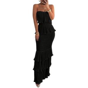 chouyatou Women's Sweet Ruffle Smocked Bodycon Maxi Dress Shirred Package Hip Mermaid Bandeau Dress (Medium, Black)